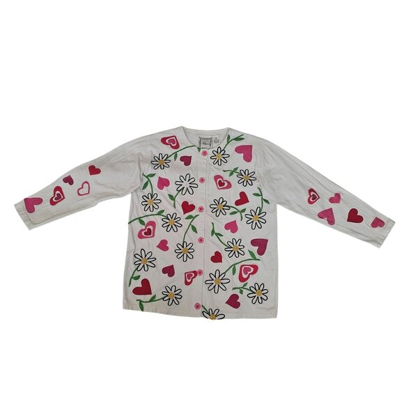 Michael Simon 100% Cotton Pink Red Embroidered Hearts Flowers Cardigan Medium - Picture 4 of 11